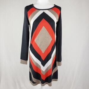 Eliza J Diamond Sweater Dress Size M Diamond Black Taupe Orange Long Sleeve